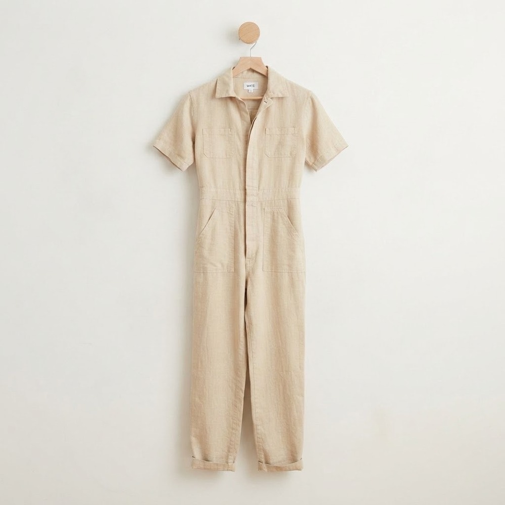 MATE the Label 100% Linen Short Sleeve Utility Jumpsuit Natural Tan XS Neutral